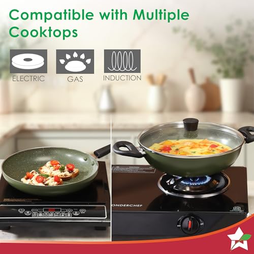 Image of Wonderchef Valencia Non-Stick Cookware 4 Pc. Set | Kadhai with Lid 24 cm, Fry Pan 24 cm, Dosa Tawa 28 cm | Pure Grade Aluminium | PFOA Free | 2-Yr Warranty | Olive Green