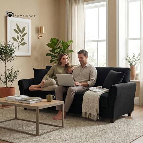Image of 3 Seater lceola Premium Fabric Sofa |Stylish and Comfortable Living Room Furniture| Heavy Quality Sofa and Builtin| Throne of Comfort (Black, 3 Seater)