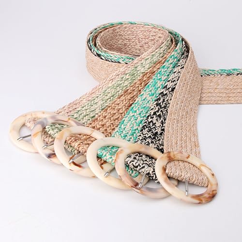 Mixed Color Straw Woven Fashion Elastic Stretch Braided Belts for Women Boho Dress Strap with Resin Round Buckle(105cm/waist:34"~36", Offwhite)4