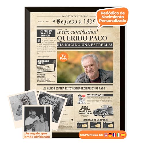 Periódico de cumpleaños 1939 – póster personalizado año nacimiento con foto, nombre y mensaje – regalo original para hombre o mujer 86 años – estilo vintage con marco opcional – recuerdo inolvidable
