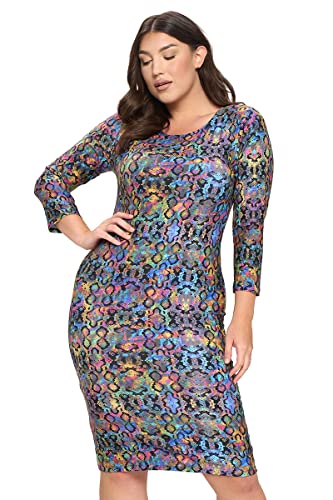 Image of ICONOFLASH Women's 3 /4 Sleeves Midi Bodycon Dress Crew Neck Fitted Dresses with Plus Size Options