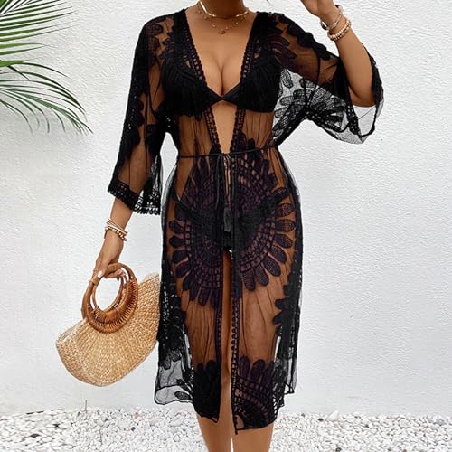 Awoscut Women's Swimwear Cover Ups Summer Long Mesh Swimsuit Bathing Suit Loose Beach Lace Kimono Cardigan Beachwear3