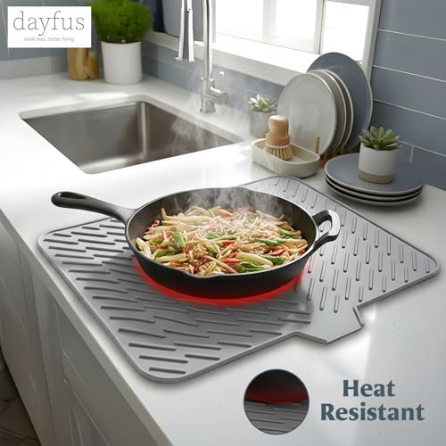Image of Large Dish Drying Mat | Silicone Mat for Kitchen | Drying Mat for Kitchen Utensils Large | Fast Drying, Non-Slip, Heat Resistant, Easy to Clean Kitchen Counter Mat (Grey, 23x17 Inch)