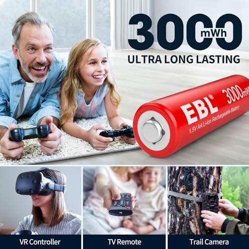 Image of EBL 8 Pack Rechargeable Lithium AA Batteries with Charger, 1.5V 3000mWh Double a Batteries Long Lasting AA Li-ion Battery