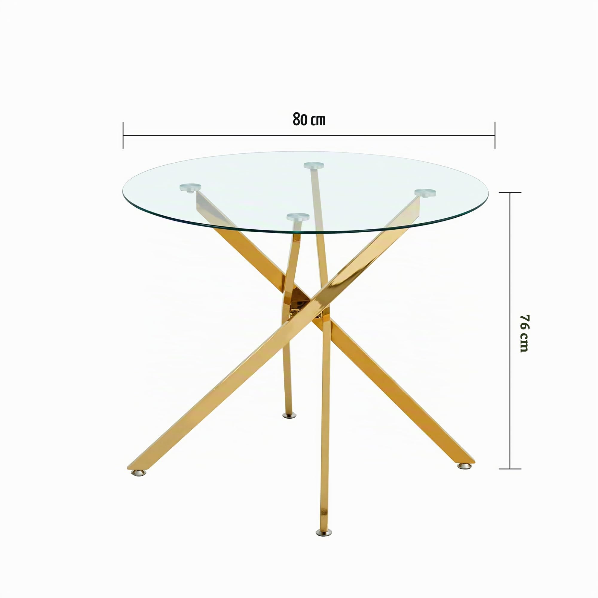 Table à manger ronde 80 x 80 x 76 cm - Table en verre avec plateau en verre trempé et pieds en métal doré - Table de salle à manger moderne pour 2 à 4 personnes - Table de cuisine au design