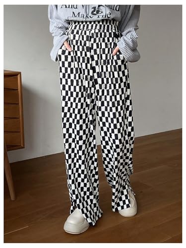 OYOANGLE Women's Plaid Print Elastic High Waisted Wide Leg Long Pants Y2k Baggy Trousers with Pockets4