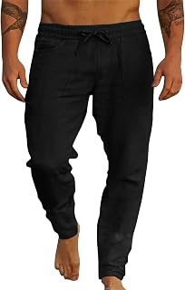 LindoMaker Cotton Pants for Men Long Leg Casual Pants Elasticated Waist Quick Dry Beach Pants Athletic Sweatpants