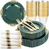 Nervure 175PCS Green Plastic Plates - Disposable Green Gold Party Plates & Pre Rolled Napkins with Cutlery for 25 Guests, 50Plates, 75Silverware, 25Cups, 25Napkin for Wedding & Party & St Patricks Day