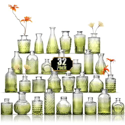 Arme Bud Vase Set of 32, Green Vases Glass Bud Vases in Bulk, Small Vases for Centerpieces Mini Flower Vase Set Cute Vintage Glass Vase Set for Flower Wedding Home Centerpiece Table Decorations