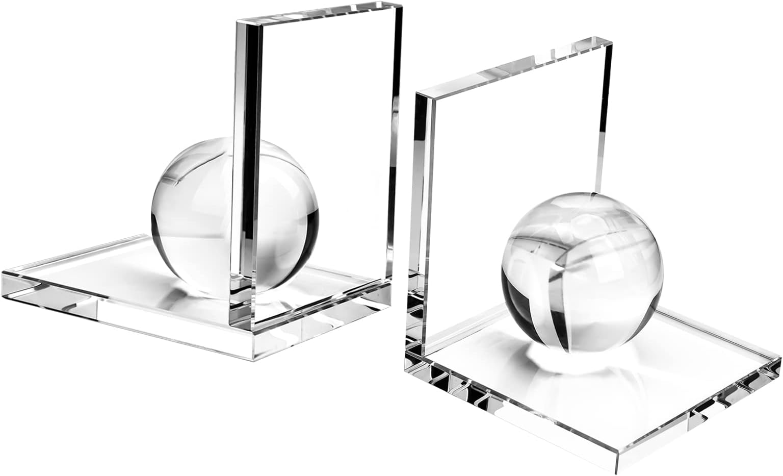 MerryNine Crystal Book Ends with Crystal Ball, 2 Pcs Clear L Shape Non Skid Sturdy Crystal Decorative Bookends for Heavy Books, Bookshelf, Office, School Library, Decorative Ornaments