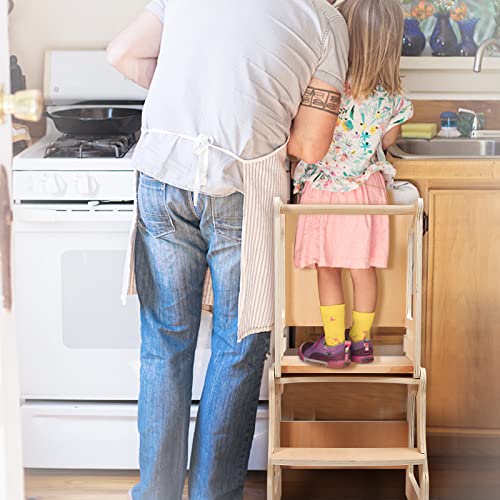 Ibwaae 4 In 1 Wooden Toddler Tower Kitchen Step Stool Height Adjustable Standing Helper With Safety Rail And Chalkboard Whiteboard Message Board #TOP4