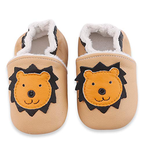 LSERVER Chaussures de bébé en cuir souples Hiver Chaude Chaussons Douce Unisexe, Beige Lion, M (6-12 Mois, longue interne: 12.5cm)