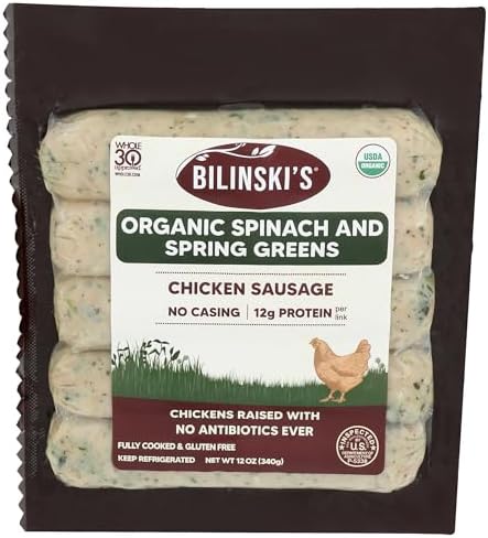Bilinski, Sausage Certified Organic Spinach/garlic Chicken S0, 12 Ounce