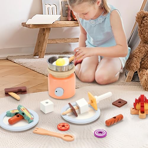 Pillowhale Wooden Camping Toys, Pretend Play Toys Campfire with Kids Grill Playset, 25pcs Kids Play Food Toy Set, Outdoor Play Toys for Toddler Boys and Girls Ages 3+