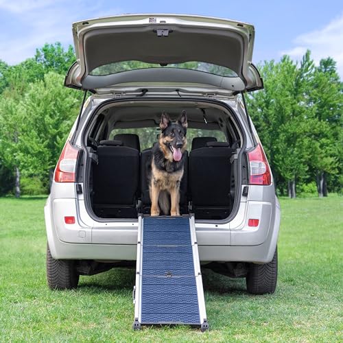 Hunderampe Auto Klappbar- Teleskop Alu Rampe für große Hunde - Stabile Hundetreppe Auto & SUV - rutschfest - Reflektierende Seiten - Hundeleiter Auto - 90kg Belastbarkeit - Befestigungsclip - Blau