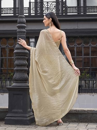 Image of Womanista Women's Ready to wear beige colored saree with embellished lace(TI7069 Beige Onesize)
