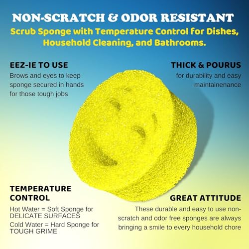 Image of The Original Scrub Moji Scrubbing Sponge by Smilyeez (Set of 3) - Yellow - Temperature-Responsive Polymer Foam, Stain and Odor Resistant, Ideal for Kitchen and Bathroom Cleaning