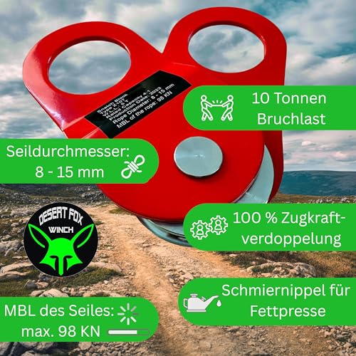 Desert Fox Winch Bergeset – Umlenkrolle 10 t | 1,5 m Bergegurt 14 t (WLL 2 t) nach EN 1492-1 | Schäkel 7/8 Zoll, 6,5 t Nutzlast | Seilwinden & Offroad Recovery Set für SUV, 4x4 & Wohnmobil