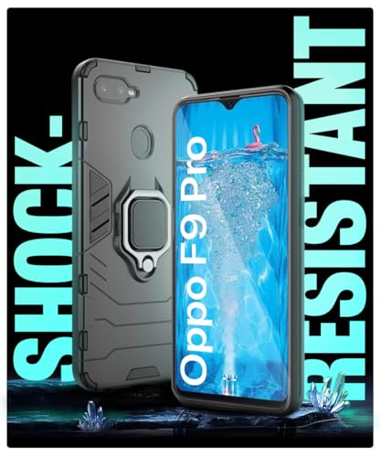 Image of WOW IMAGINE Shock Proof Back Case Mobile Cover for Realme U1 | Oppo F9 Pro (Armor | Hybrid PC + TPU | Full Protection with Ring Holder Kickstand | Carbon Black)
