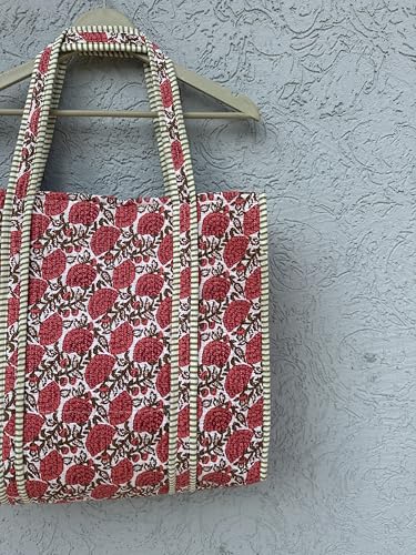 Image of Quilted Cotton Hand printed Reversible Large multicolor cotton Tote Bag,Indian Handmade Block Printed Tote Bag Women Handbag