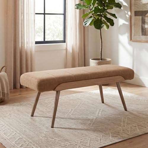 CIMOTA Mid-Century Modern Upholstered Bench, Channel Tufted Boucle Ottoman Bench with Solid Wood Trim and Bronze Metal Legs, 35.5" Accent Bench for Bedroom, Entryway, Living Room, End of Bed