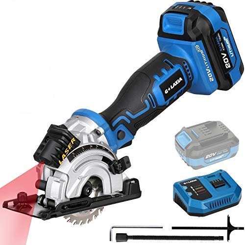 G LAXIA DC-20V Mini sierra circular con guía láser, batería de 4.0 Ah y cargador rápido, báscula, adaptador de vacío, 3 cuchillas para cortar madera, baldosas de cerámica, metal blando y plástico