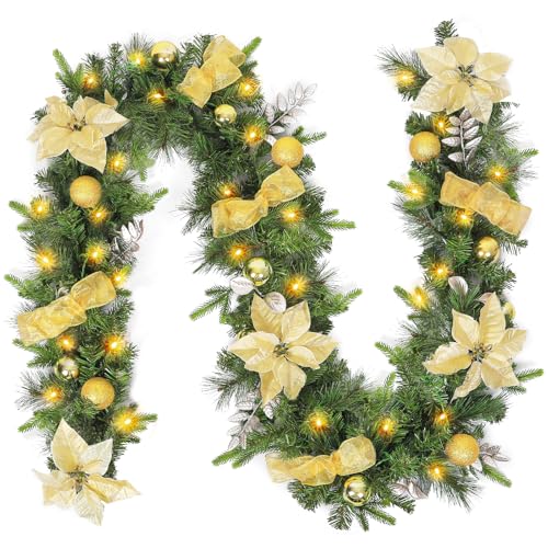 Hykolity 9 ft. Pre-lit Christmas Garland with 50 Warm White Lights, 160 PE Branch Tips, Lighted Battery Operated Artificial Christmas Garland with Poinsettia and Gold Balls for Mantle, Champagne