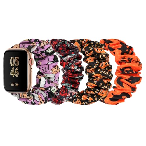 ShuYo 4 Packs Scrunchie Band Compatible with Apple Watch 38mm 40mm 41mm 42mm 44mm 45mm 49mm Cute Printed Elastic Bands Women Bracelet Strap for iWatch Series 8 7 6 5 4 3 2 1 SE Ultra (Skull + Purple Pumpkin + Pumpkin + Bat 38 40 41mm L)