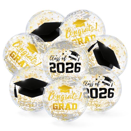 Whaline 12 Pcs Graduation Inflatable Beach Balls Gold Confetti Congrats Grad Cap Blow Up Balls for Class of 2026 Party Swimming Pool Game