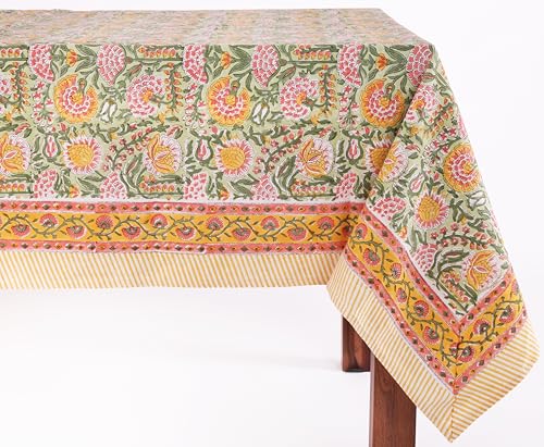 ATOSII Clover Green 100% Cotton Rectangle Fall Tablecloth, Handblock Floral Print Linen Table Cloth for Kitchen Dining I Parties, Weddings, Outdoors, Easter I Home Decor 60 X 108 Inches I 8 Seater