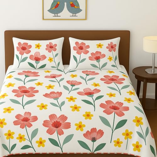 Image of BSB HOME 100% Cotton Feel Double Bed Bedsheet Set | 144 TC Soft & Breathable | Mint Green White Flower Print with 2 Pillow Covers | Wrinkle Free | for Bedroom (90 x 90 Inches)