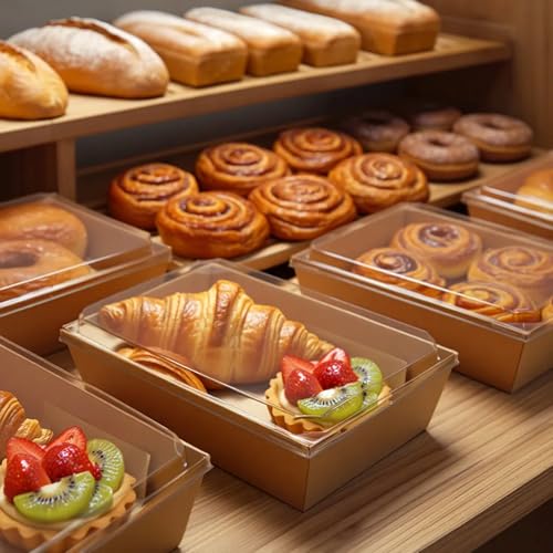 Image of Hiceeden 50 Pack Charcuterie Boxes with Clear Lids, 8.4 inchx5.7 inchx2.8 inch Paper Bakery Dessert Sandwich Box, Disposable Large Food Containers for Cookies, Donuts, Muffins, Salad, and Pastry, Brown