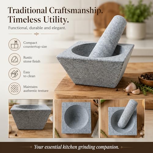 Image of NUTRION Square Granite Mortar and Pestle Set for Kitchen Spice Grinding, Heavy Duty Stone Herb Crusher Bowl for Garlic, Masala, Chutney & Pesto Preparation, Grey Manual Grinder