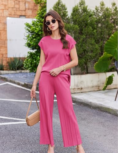 Image of Ekouaer Lounge Sets for Women Two Piece Outfits Knit Cap Sleeve Tops Wide Leg Pleated Pants Casual Dressy Sweater Sets