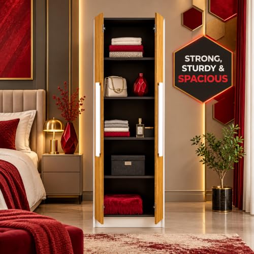 Image of Bniture Wooden Almirah for Clothes, Door for Bedroom, 2 Door Wardrobe with 4 Shelves Huge Storage Space (46D x 60W x 182H CM) | 3 Year Warranty (Frosty White & Giant Wood)