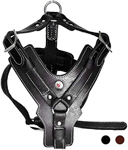 PESHOUCO Leather Dog Harness Handmade Genuine Leather Durable Strong Pet Harness with Adjustable Straps No Pull Easy Control Pet Vest 28" - 32" Chest for Medium Large Dogs Black Halloween Crafts