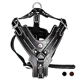 PESHOUCO Leather Dog Harness Handmade Genuine Leather Durable Strong Pet Harness with Adjustable Straps No Pull Easy Control Pet Vest 28' - 32' Chest for Medium Large Dogs Black Halloween Crafts