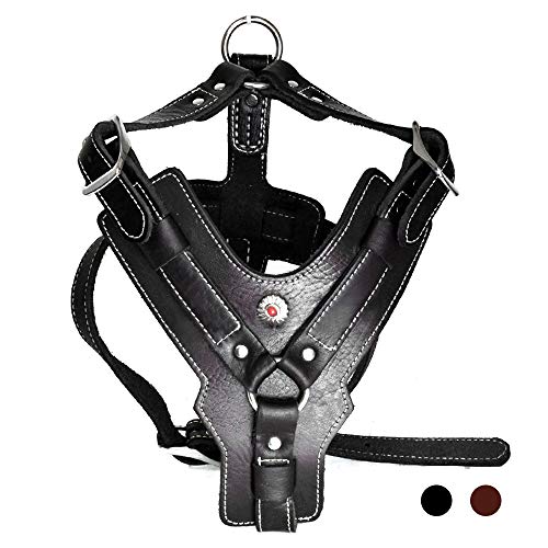 PESHOUCO Leather Dog Harness Handmade Genuine Leather Durable Strong Pet Harness with Adjustable Straps No Pull Easy Control Pet Vest 28" - 32" Chest for Medium Large Dogs Black Halloween Crafts