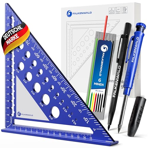 Falkenwald® 9-in-1 Zimmermannswinkel 180mm mit Schreibfläche - Inkl.Tieflochmarker, 6 Minen & Anreißnadel - Ideal zum präzisen Anreißen & Zeichnen - Anschlagwinkel Schreinerwinkel