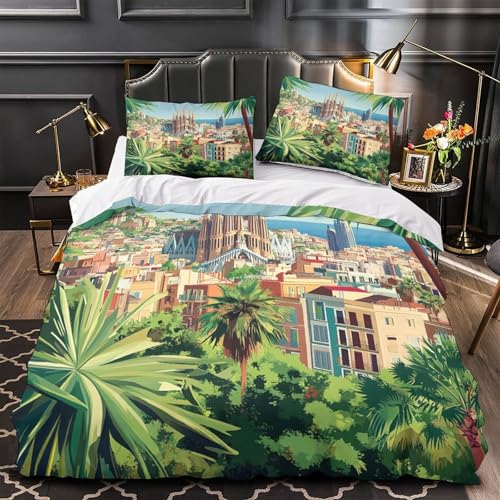 Horizonte de Barcelona Impresión 3D 3 Piezas Funda de colchón Paisaje Urbano Art déco Funda de edredón Microfibra Transpirable antiácaros para niños Adolescentes Mujeres Single (135x200cm)