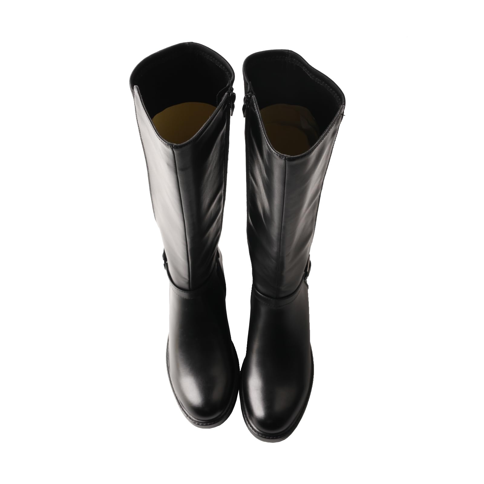 TMA EYES Damen schwarze kniehohe Leder Reitstiefel mit seitlichem Reißverschluss und niedrigem Absatz