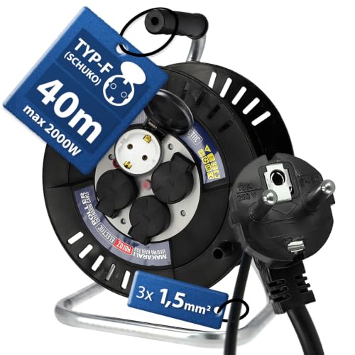 Kabeltrommel 40m IP44 mit 4 Schuko Steckdosen - Kabelrolle 3×1 5 mm Stromkabel 230 V 2000 W - Baustelle Kabeltrommel Außenbereich Verlängerungskabel für Garten Werkstatt Garage - Horoz Electric