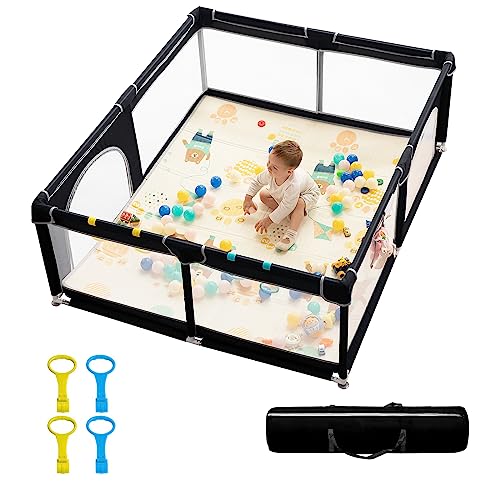 dearlomum Baby Playpen,71″x59″ Extra Large Playard for Babies & Toddlers with Gate,Toys 0-6 to 12 Months Baby Activity Center,Sturdy Safety with Soft Mesh(Black)