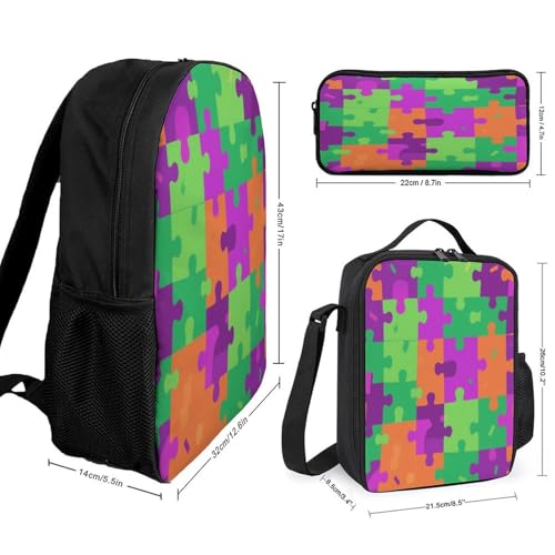 Printed Backpack With Lunch Pack Storage Box Case Color Puzzle 3pcs Lightweight Travel Backpack2