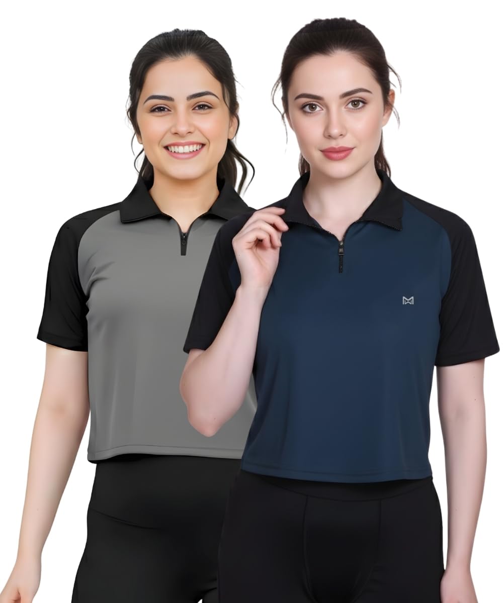 Workout Tops for Woman, Gym Crop Tops Combo– Dry Fit Running Yoga Tops, Quick Dry High Collar Zip Sports Shirts – Gym T Shirt for Women Workout (Pack of 2)-image-0