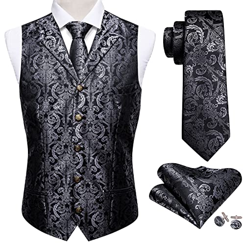 Image of Barry.Wang Mens Silk Lapel /Shawl Collar Vest Tie Sleeve Holder Set Formal /Casual Paisley Vests Wedding Tuxedo Waistcoat