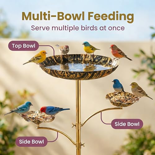 Image of 3-in-1 Triple Bowl Bird Bath Feeder Combo, Metal Birdbath for Outside | Black Gold Finish, 4-Claw Ground Stake, 11.8in Main Bowl, Two Side Bowls, Powder-Coated, For Outdoor Garden Yard