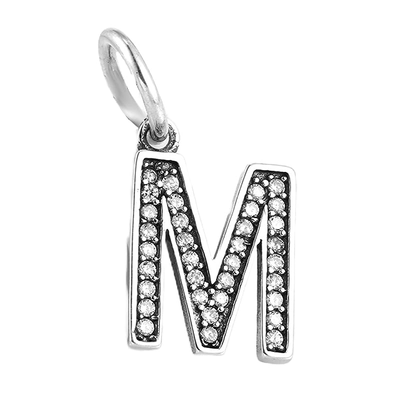 Charm letra M inicial nombre colgante de plata 925 - Les Folies para Pandora, Plata de ley, Circonita cúbica