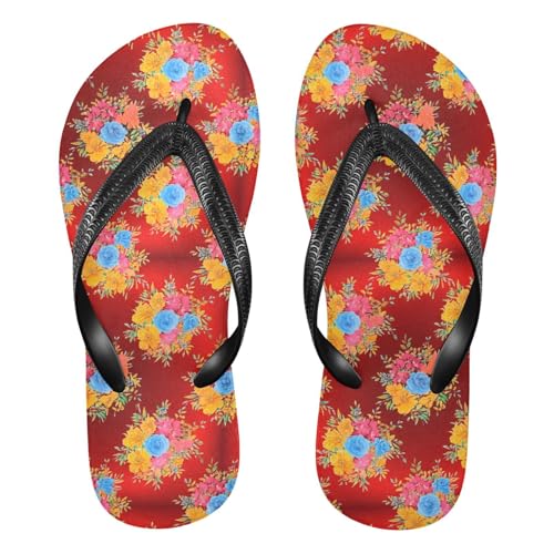 Floral Rose Red Flip Flops for Beach Thong Sandals Anti-slip Lightweight Beach Slippers for Travel Summer Outdoor