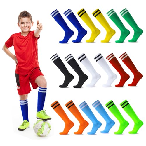 9 Pair Soccer Socks Kids, 9 Colors Striped Knee High Tube Boys Girls Soccer Socks Sports Athletic Football Baseball Socks for Age 6-8-10-12 Kids Children Youth